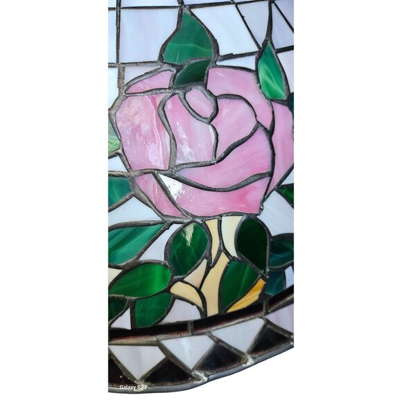 Vintage Light Pendant Tiffany-Style Stained Leaded Glass Floral Brass 21" Dia - Picture 7 of 13